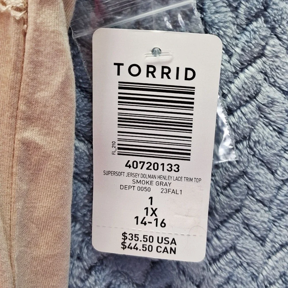 Torrid Supersoft Jersey Dolman Henley Lace Trim Top Smoke Gray 1X 14-16 NEW